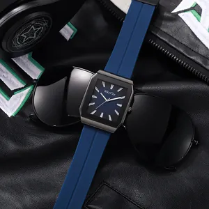 Men's rectangular quartz watch with deep blue silicone strap and gunmetal case