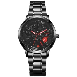 Detail of a men's watch featuring a 3D hollow car wheel hub dial with a red brake caliper