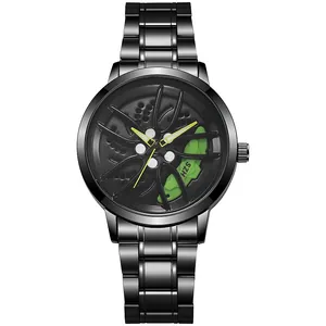 Macro detail of 3D car rim watch face with hollow dial and green brake caliper