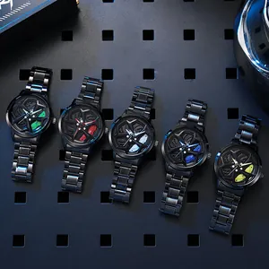 Men's car wheel hub quartz watch with 3D hollow rotating dial and steel strap