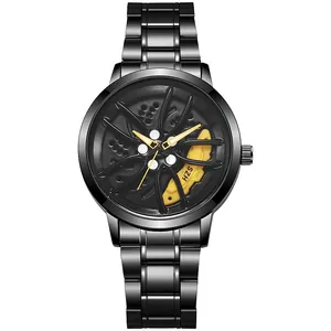 Close-up of 3D car rim dial with yellow brake caliper and brushed steel strap watch