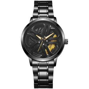 Detailed close-up of 3D car wheel rim dial with yellow brake caliper on men's quartz watch