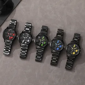 Men's hollow wheel hub quartz watch with rotating inner rim and stainless steel strap