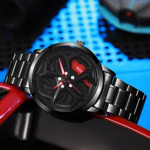 Men's sport quartz watch featuring a black steel band and creative hollow racing wheel hub dial