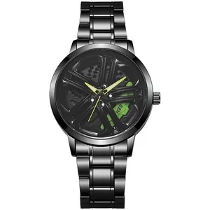 Detail of hollow car hub dial with green brake caliper on black stainless steel watch
