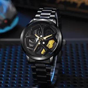 Men Creative 3D Rotating Wheel Hub Design Quartz Watch Black Stainless Steel Strap Fashion Racing Sporty Wristwatch Gift