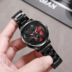 Men's creative hollow wheel watch with rotating rim and black steel strap