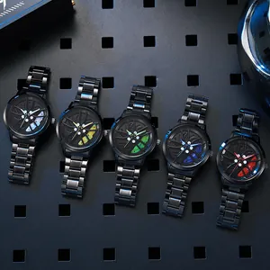 3D sports car rim watch with hollow dial and stainless steel band in five colors