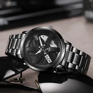 SZH men's black stainless steel watch featuring a unique 3D car rim dial design