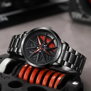 Reloj de acero negro con esfera giratoria de llanta de coche y pinza de freno roja