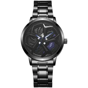 Detail of black stainless steel watch featuring a rotating car wheel hub and brake caliper