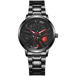 Men's matte black stainless steel watch with 3D rotating wheel hub design and red caliper