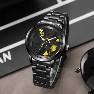 Men's Quartz Watch Creative Car Wheel Hub Design Hollow Out Wristwatch With Alloy Stainless Steel Strap 30M Waterproof
