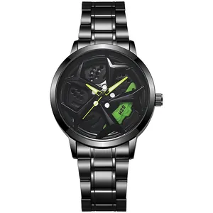 Close-up of skeleton watch dial with green brake caliper and yellow hands on steel band