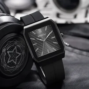 Orologio al Quarzo da Uomo Moda Cassa in Lega Quadrata Quadrante a Righe Cinturino in Silicone Business Casual Orologio da Polso