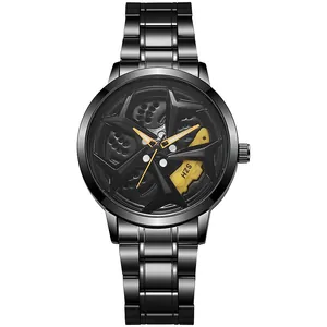 Detail of creative hollow rotating dial featuring a yellow brake caliper and steel band