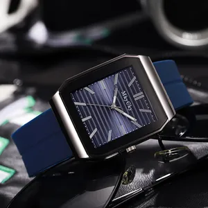 Orologio da uomo quadrato al quarzo con cinturino in silicone blu e quadrante spazzolato