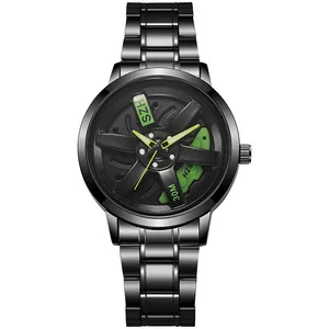 Detailed close-up of 3D hollow car wheel hub dial with green brake caliper on black steel watch
