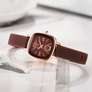 Montre à quartz carrée pour femmes avec bracelet en silicone brun et cadre en or rose