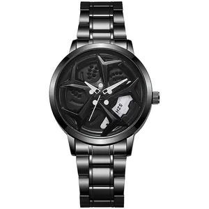Detail of 3D car wheel hub dial with white brake caliper on black steel watch
