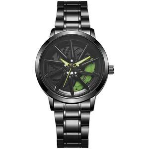 Detalle de la esfera de reloj giratoria con pinzas de freno en color verde fluorescente
