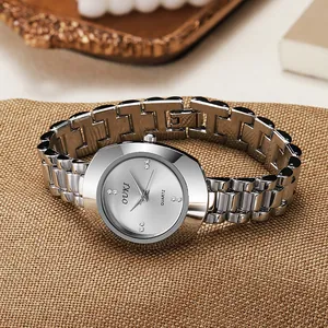 Women silver quartz watch with diamond dial and elegant metal link bracelet