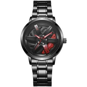 Men's black steel sports watch with 3D hollow car wheel hub dial and 30M water resistance
