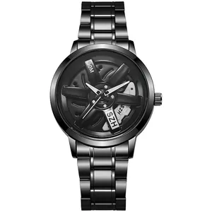 Detail of black men's watch featuring a hollow car wheel hub rim dial design