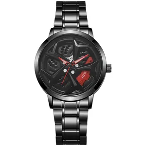 Men's creative black steel quartz watch with rotating car wheel hub hollow dial design
