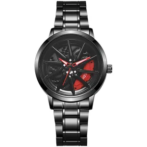 Elegante reloj de carreras negro para hombre con esfera giratoria de llanta de cinco radios