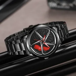 Herrenuhr mit 3D-Felgen-Design, hohlem Zifferblatt und schwarzem Edelstahlarmband