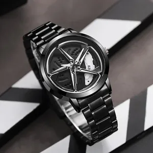 Herren Mode Quarzuhr 3D Auto Radnabe Felge Design Rotierendes Zifferblatt Legierung Stahlband Sport Armbanduhr Mit Bremssattel