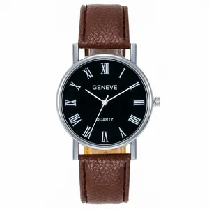 Klassische Herren-Business-Quarzuhr mit braunem Lederarmband und schwarzem römischem Zifferblatt