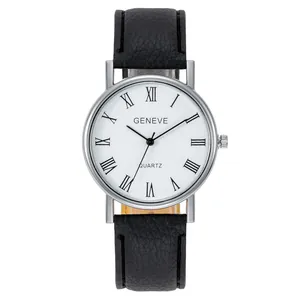 Klassische silberne Quarzuhr mit weißem römischem Zifferblatt und schwarzem Lederarmband