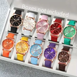 Ten pieces of fashion women's quartz watches with multi-color leather straps and rose gold cases