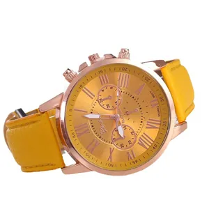 Fashionable rose gold quartz watch with yellow faux leather strap and Roman numerals