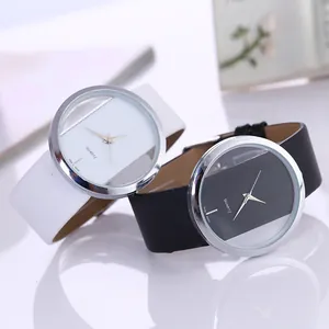 Minimalist quartz watches with leather straps and transparent hollow dial design