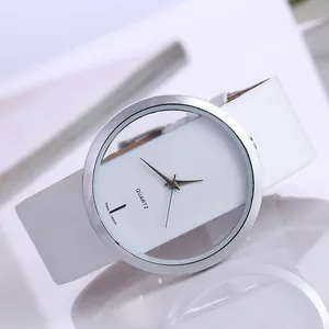 Minimalist silver quartz watch with a transparent hollow dial and white leather strap