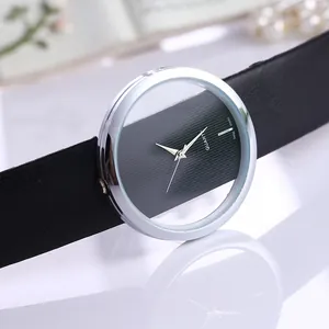 Minimalist silver watch with transparent hollow case and black leather strap for men and women