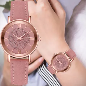 Women's Fashion Starry Sky Rhinestone Quartz Watch Round Alloy Case Roman Numerals Leather Strap Elegant Ladies Wrist Watch Gift