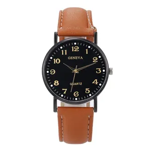 Klassische GENEVA Quarzuhr mit braunem Lederarmband und schwarzem Zifferblatt