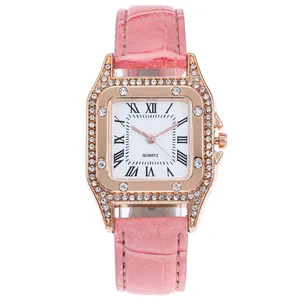 Women's square rose gold watch with rhinestone bezel and pink leather strap
