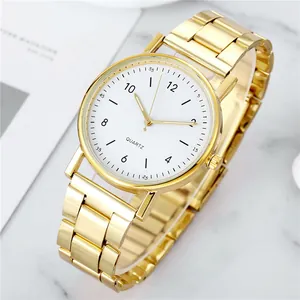 Elegante reloj de cuarzo en acero inoxidable dorado con esfera blanca y números de negocios