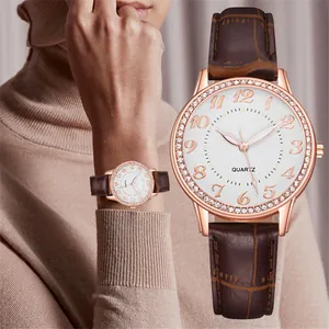 Elegante Damen Quarzuhr Strass Lünette Leuchtende Analog Roségold Gehäuse Krokodil Textur Kunstleder Armband Lässige Schmuck Armbanduhr