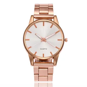 Front view of a rose gold quartz watch featuring a sunray dial and metal link bracelet