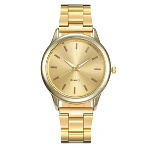 Minimalist gold quartz watch for women with sunray dial and metal link bracelet strap