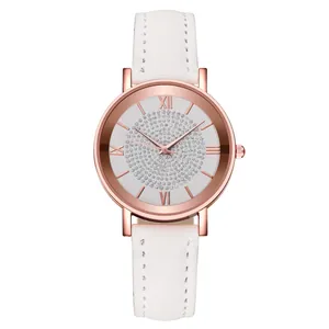 Women's quartz watch with white leather strap and sparkling starry sky dial in rose gold