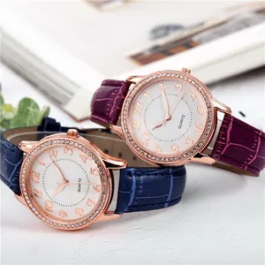 Elegante Damen Quarzuhr mit Strass-Lünette und Lederarmband in zwei Farben