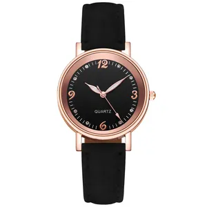 Close-up of minimalist women's quartz watch with rose gold case and black dial details
