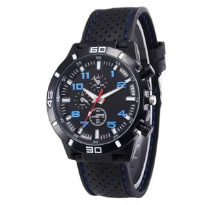 Black sport quartz men's watch with blue accents and perforated silicone strap